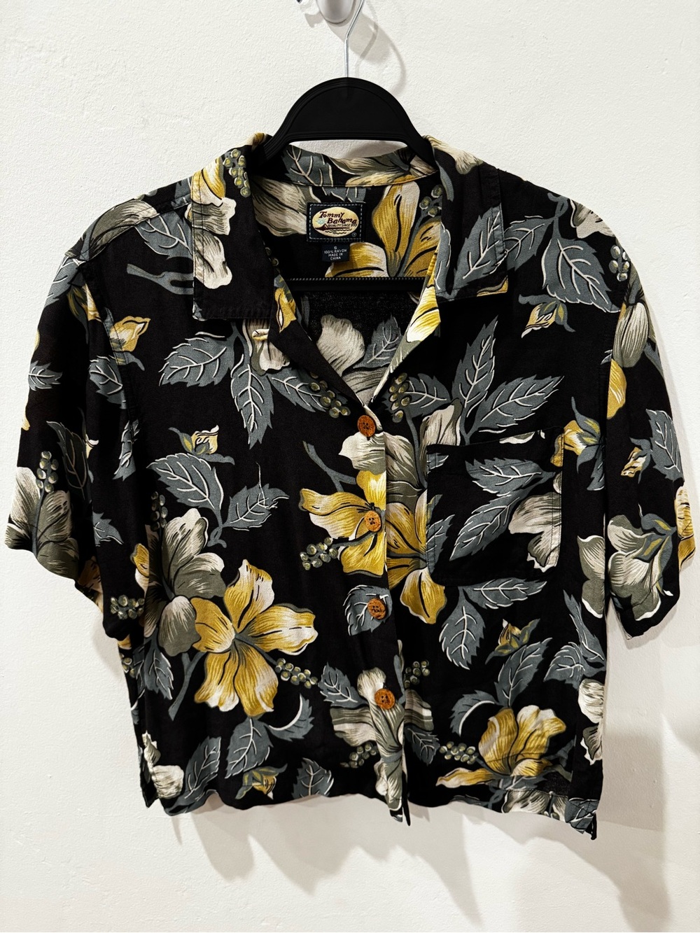 Tommy Bahama Black Floral Short-Sleeve Button-Up with Yellow Accents